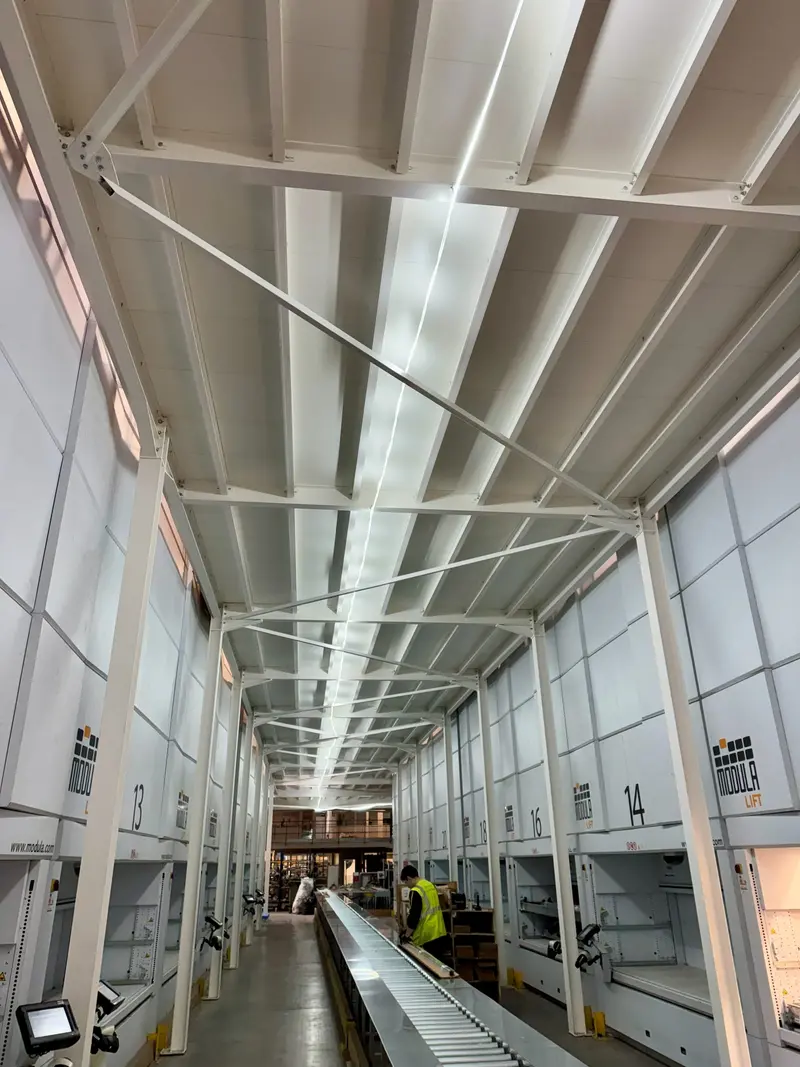 Traffic aisle under an industrial storage mezzanine