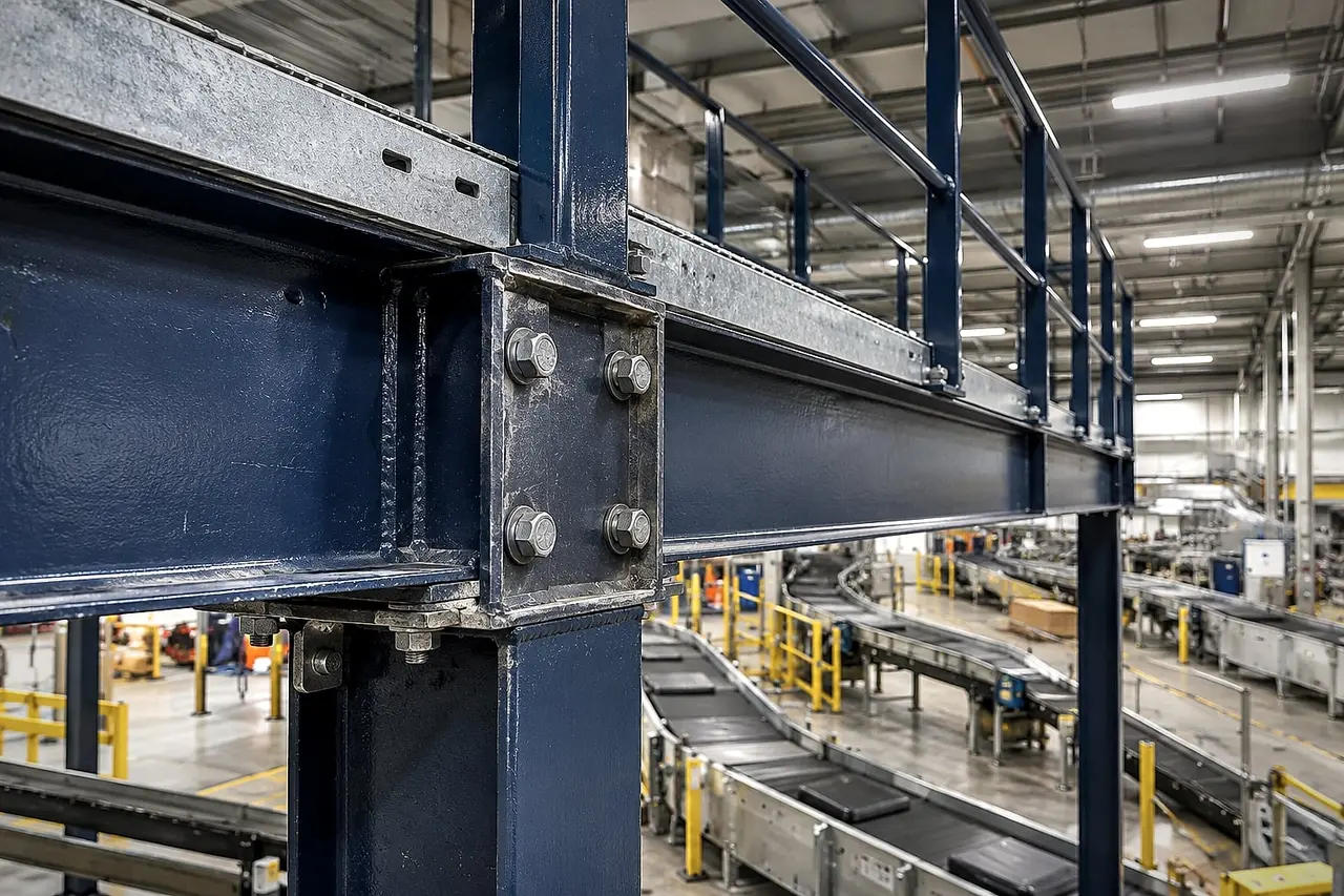 Bolted column-to-beam connection of a steel platform above conveyors