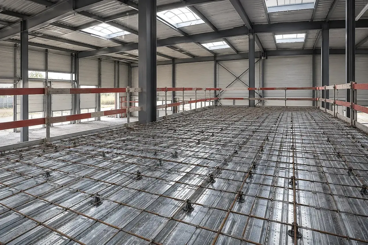 Steel decking and welded mesh laid on a steel mezzanine before the concrete slab is poured