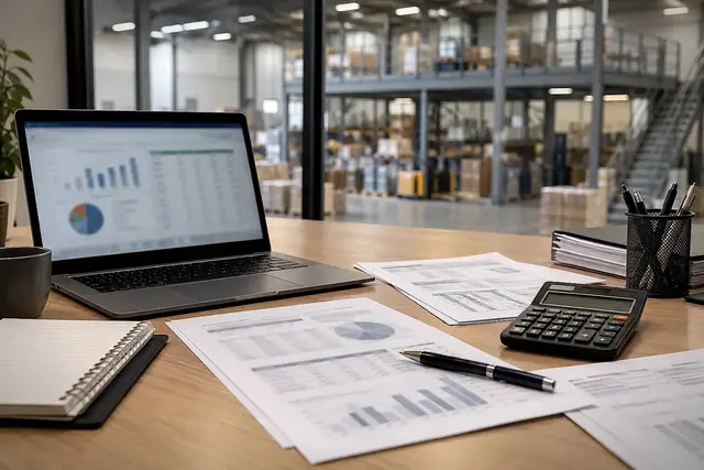 Desk with accounting documents and a calculator, overlooking a warehouse fitted with a mezzanine