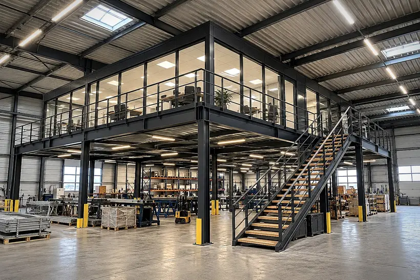 Bureaux vitrés construits sur une mezzanine métallique dans un entrepôt, escalier acier et marches bois