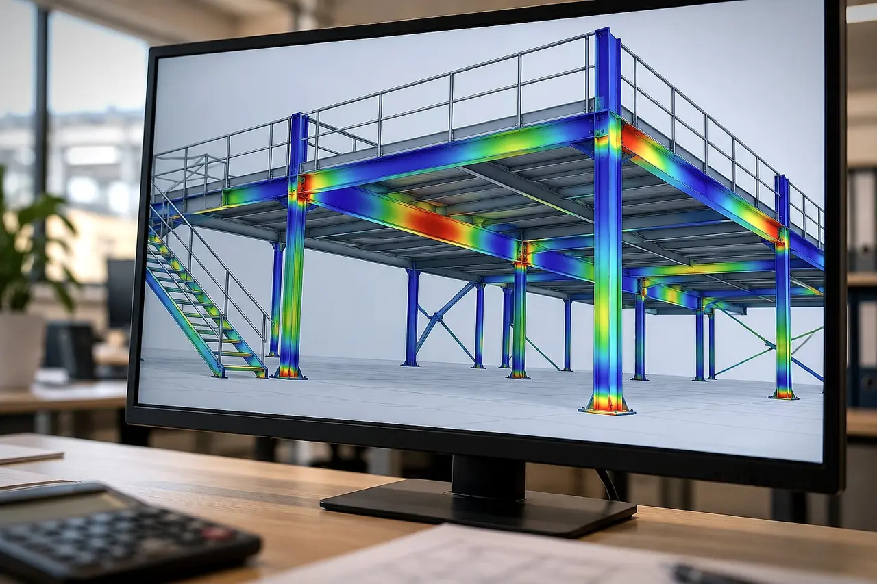 Stress calculation of a steel mezzanine displayed in colour on a screen