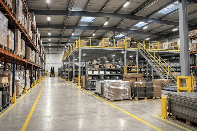 Well-organised logistics warehouse, with racking and a storage mezzanine with yellow guardrails