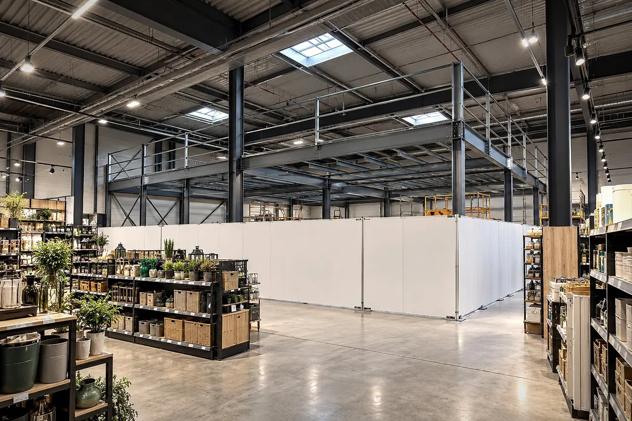 Mezzanine being installed behind a hoarding while the shop stays open
