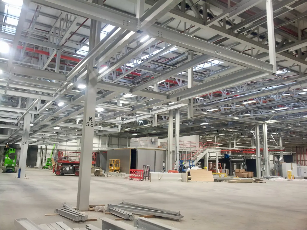 Steel frame of a long-span platform being assembled