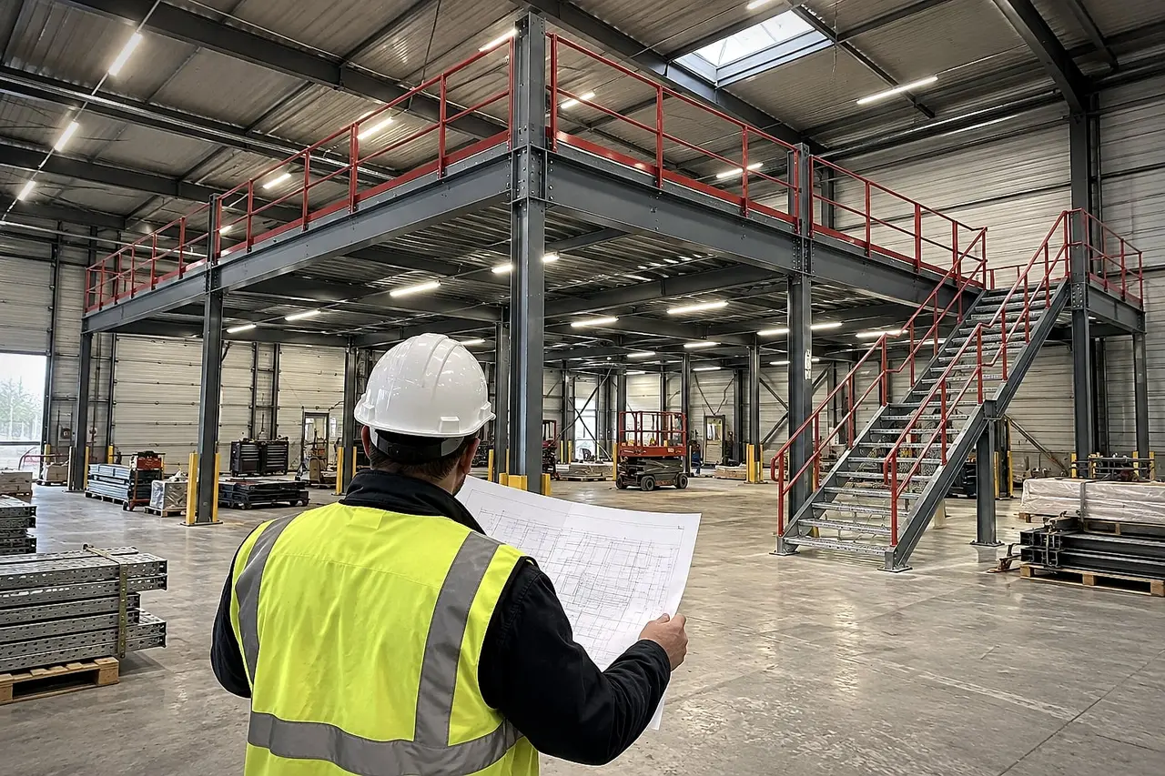 Site manager checking a drawing in front of a steel mezzanine with red guardrails