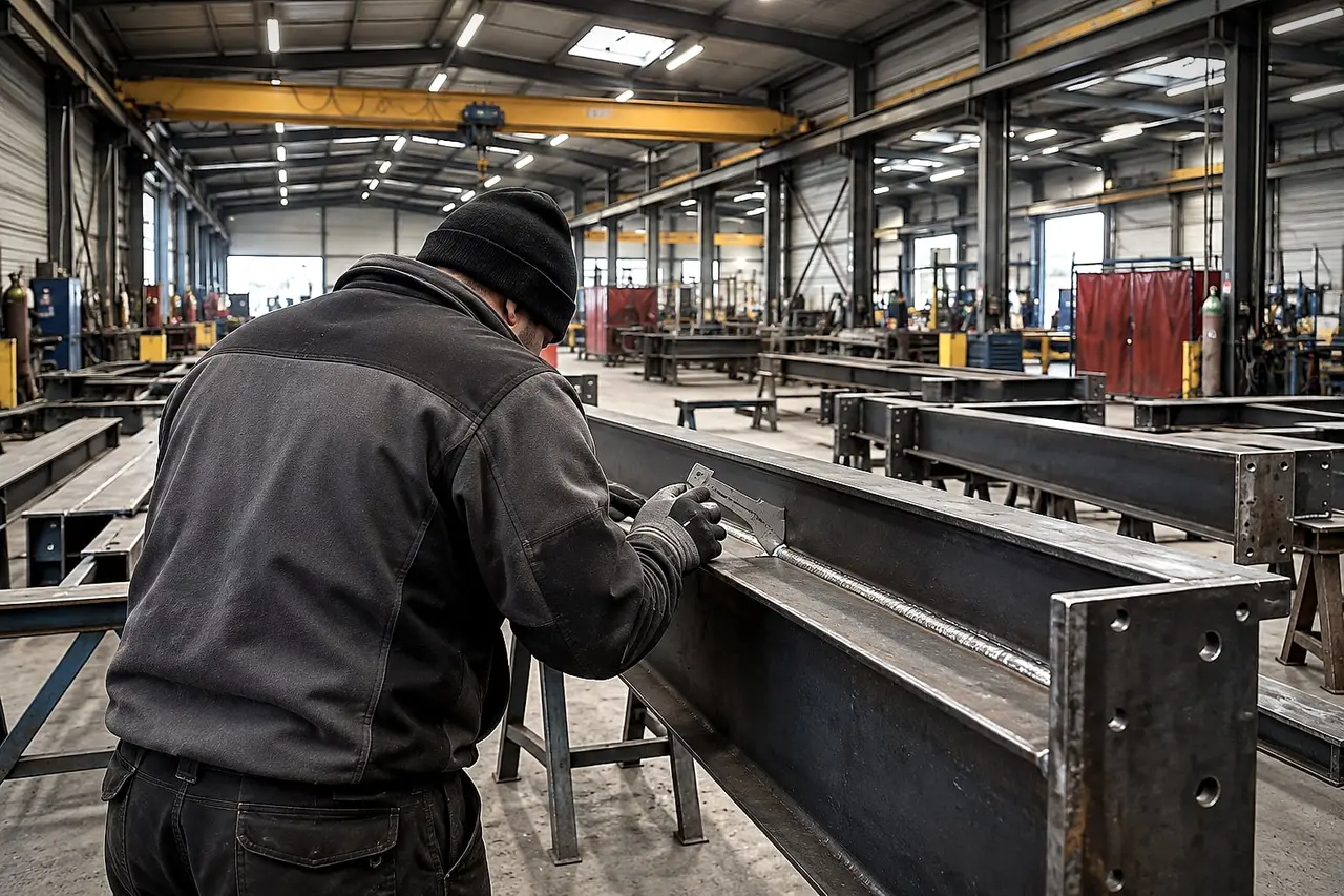 Checking a weld with a gauge on a steel beam in a steelwork workshop