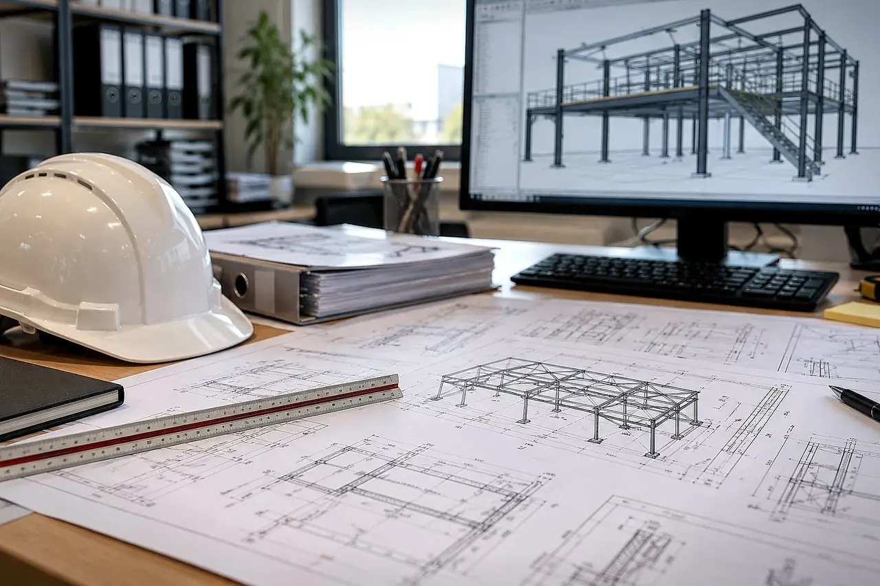 Steel structure drawings, a binder and a hard hat on an engineering office desk