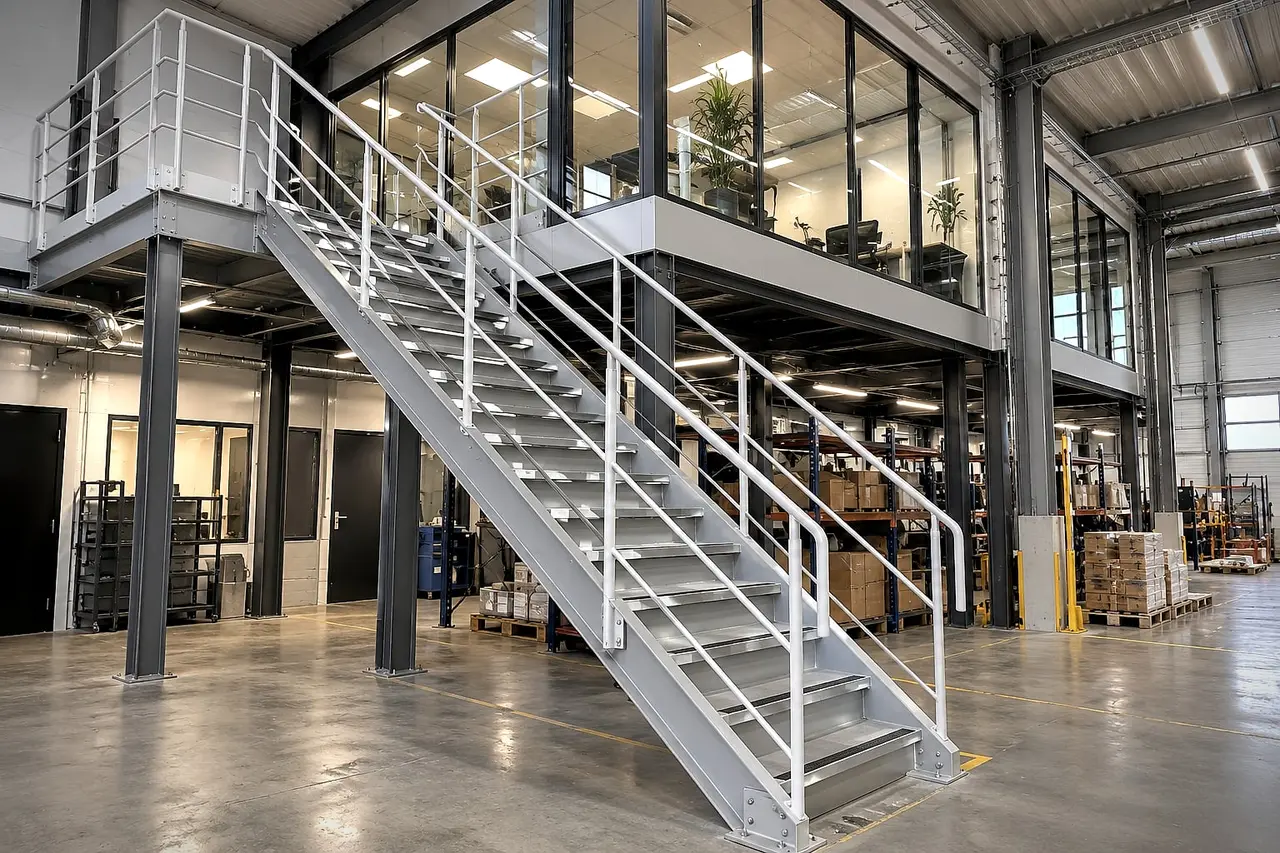 Steel staircase with a white guardrail leading to a mezzanine with glazed offices