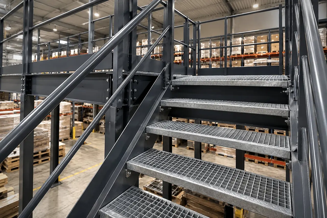 Steel staircase with grating treads and anthracite guardrails leading to a warehouse mezzanine