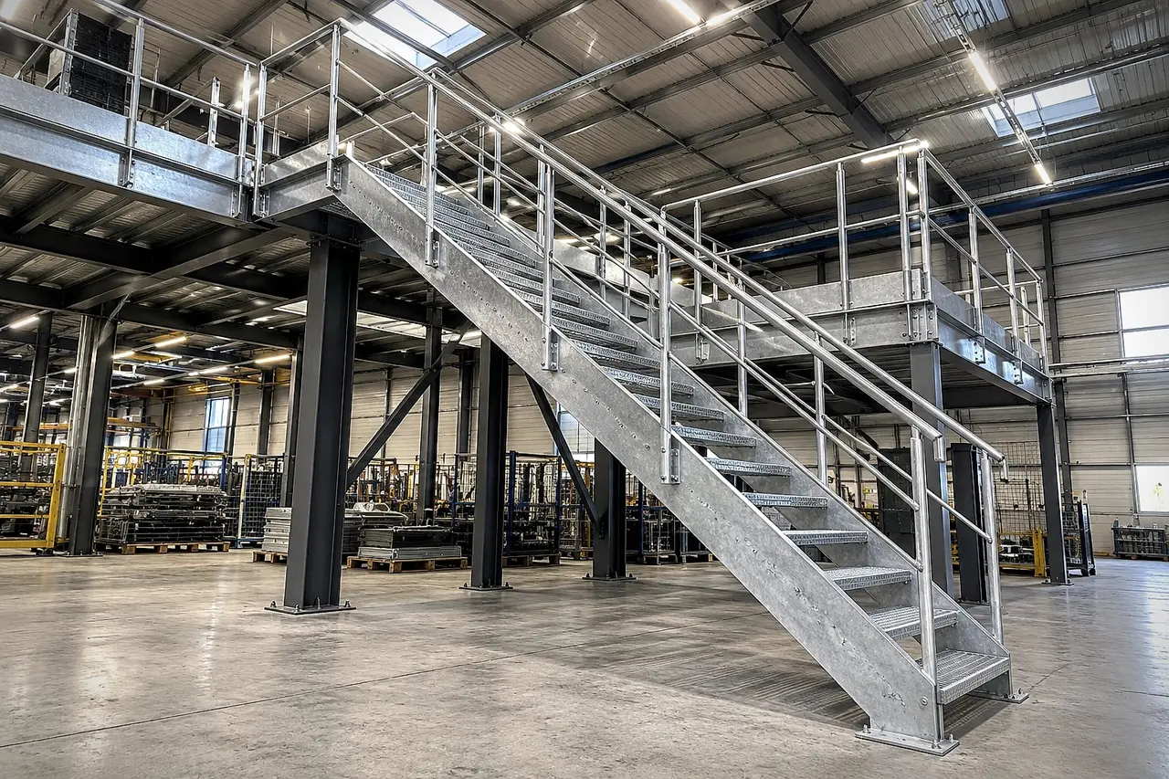 Galvanised staircase with handrail, knee rail and toe board leading to a mezzanine