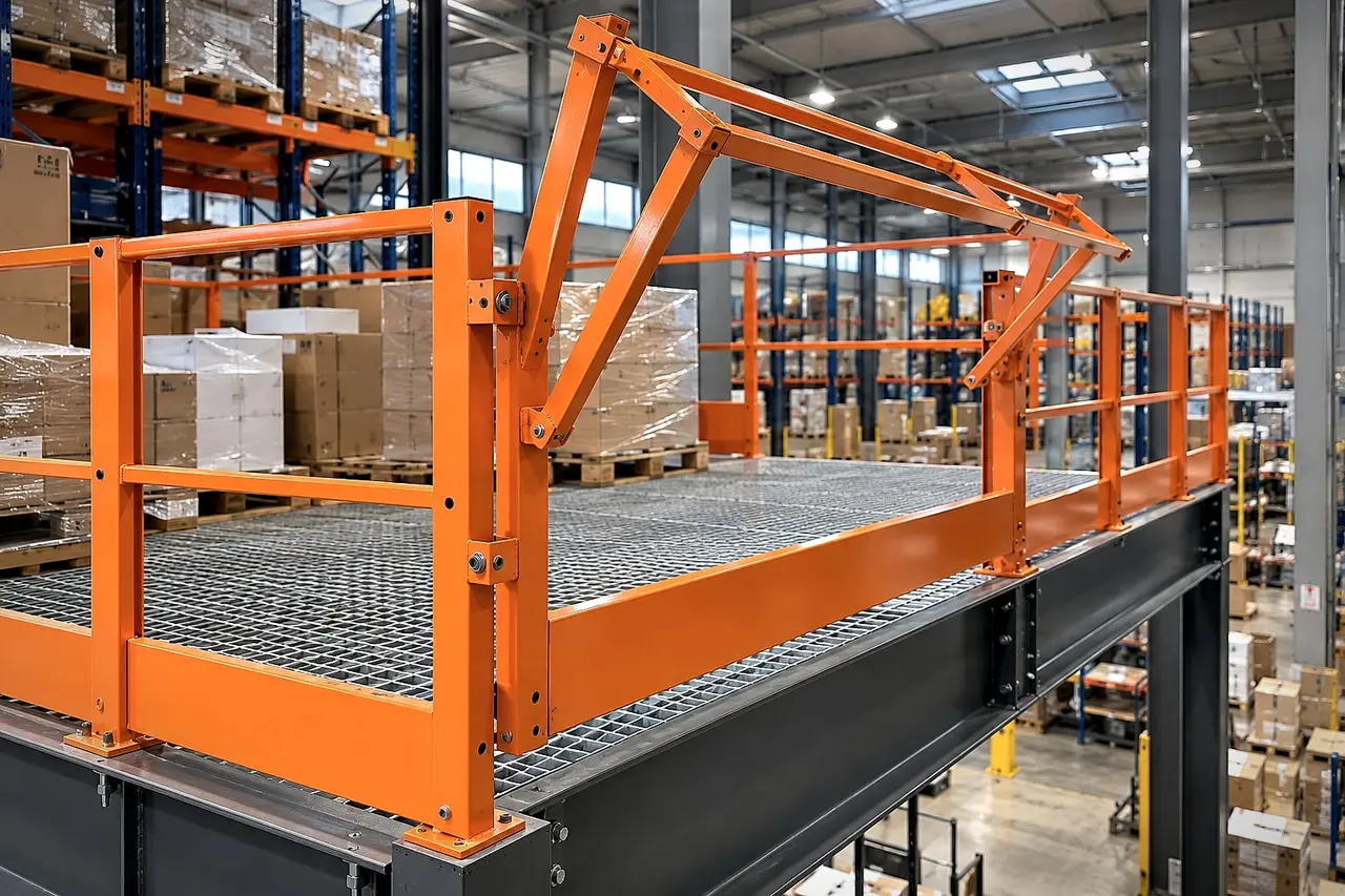 Orange guardrail with knee rail, toe board and pallet loading gate on a storage mezzanine