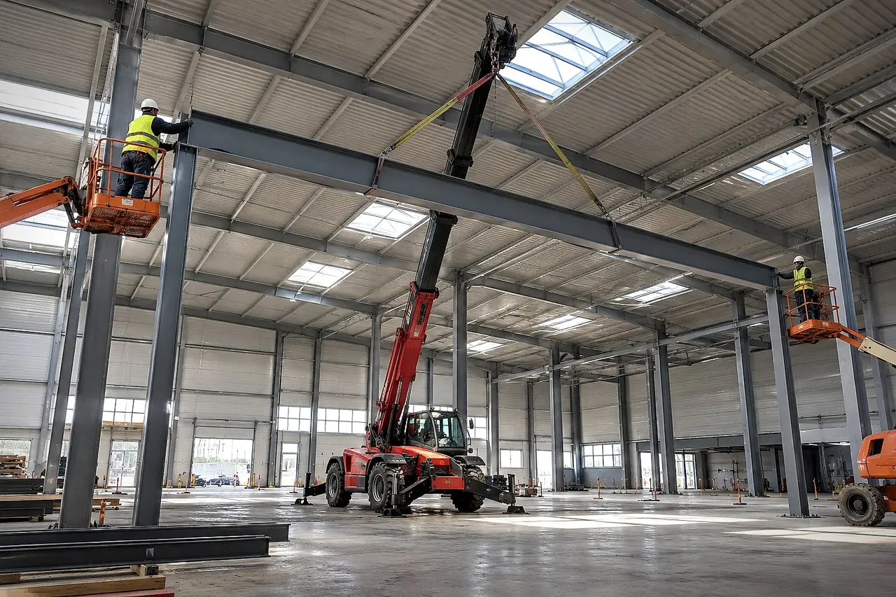 A telehandler lifting a long-span steel beam, with fitters on an aerial work platform