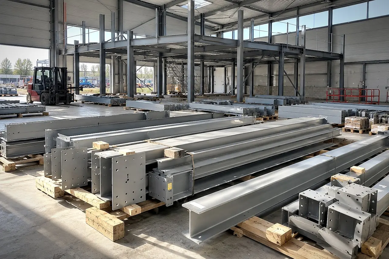 Steel beams and columns delivered to site, ready for assembly