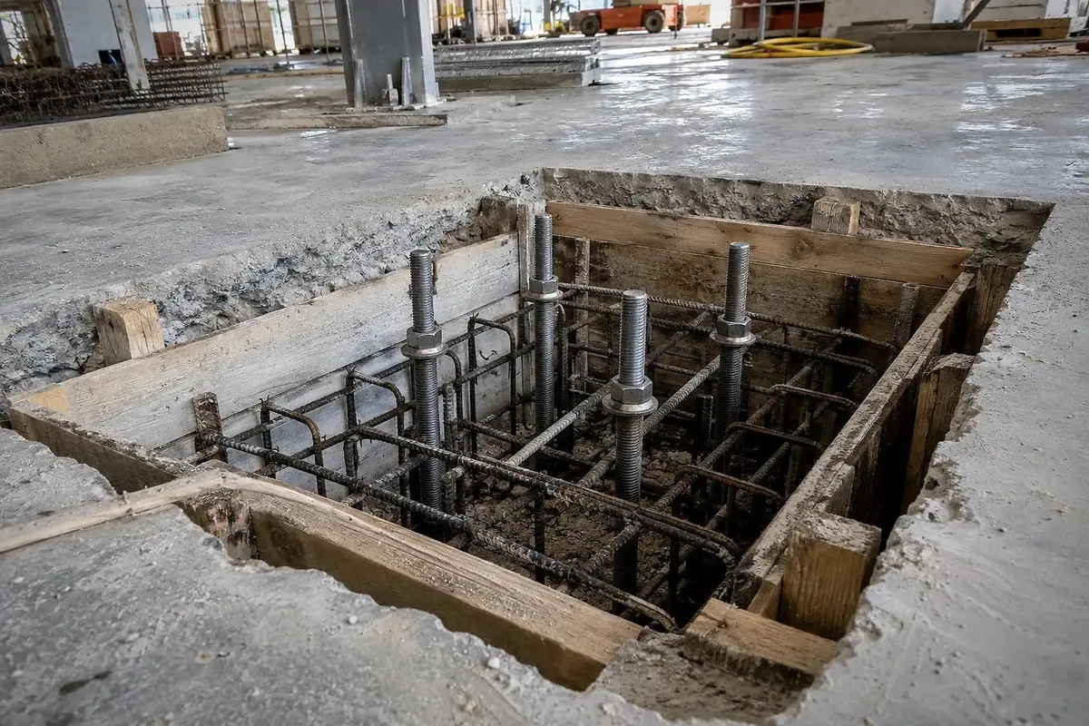 Concrete pad foundation pit with formwork, reinforcement and anchor bolts for a mezzanine column