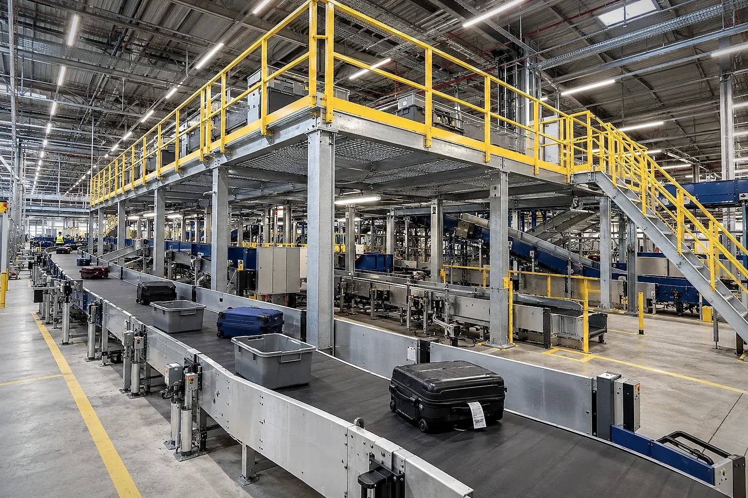 Steel platform with yellow guardrails above the baggage sorting conveyors of an airport