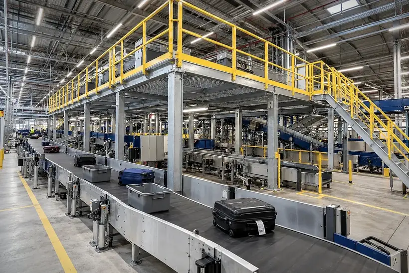 Plateforme métallique à garde-corps jaunes au-dessus des convoyeurs de tri bagages d'un aéroport