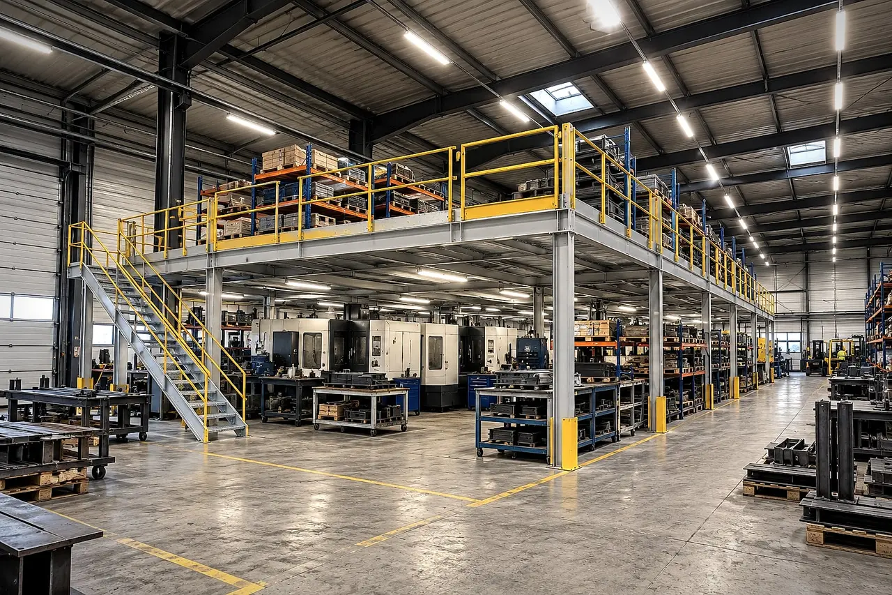 Mezzanine with yellow guardrails above the machine tools of a workshop