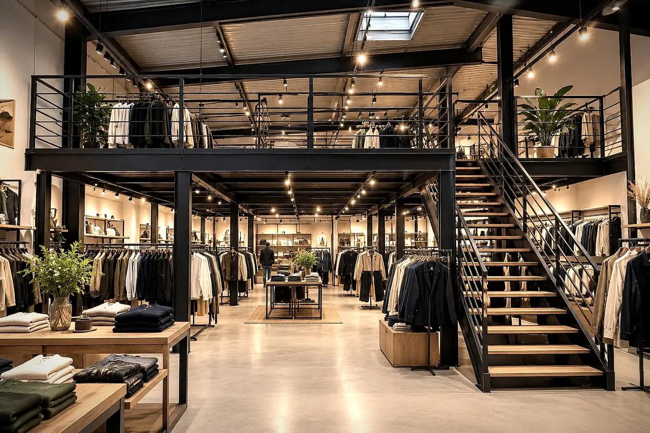 Clothing shop with a black steel mezzanine and a staircase with wooden treads