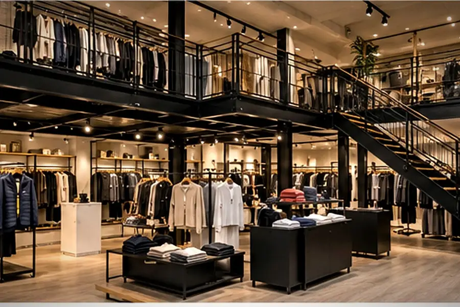 Boutique de prêt-à-porter avec mezzanine en acier noir et escalier à marches bois