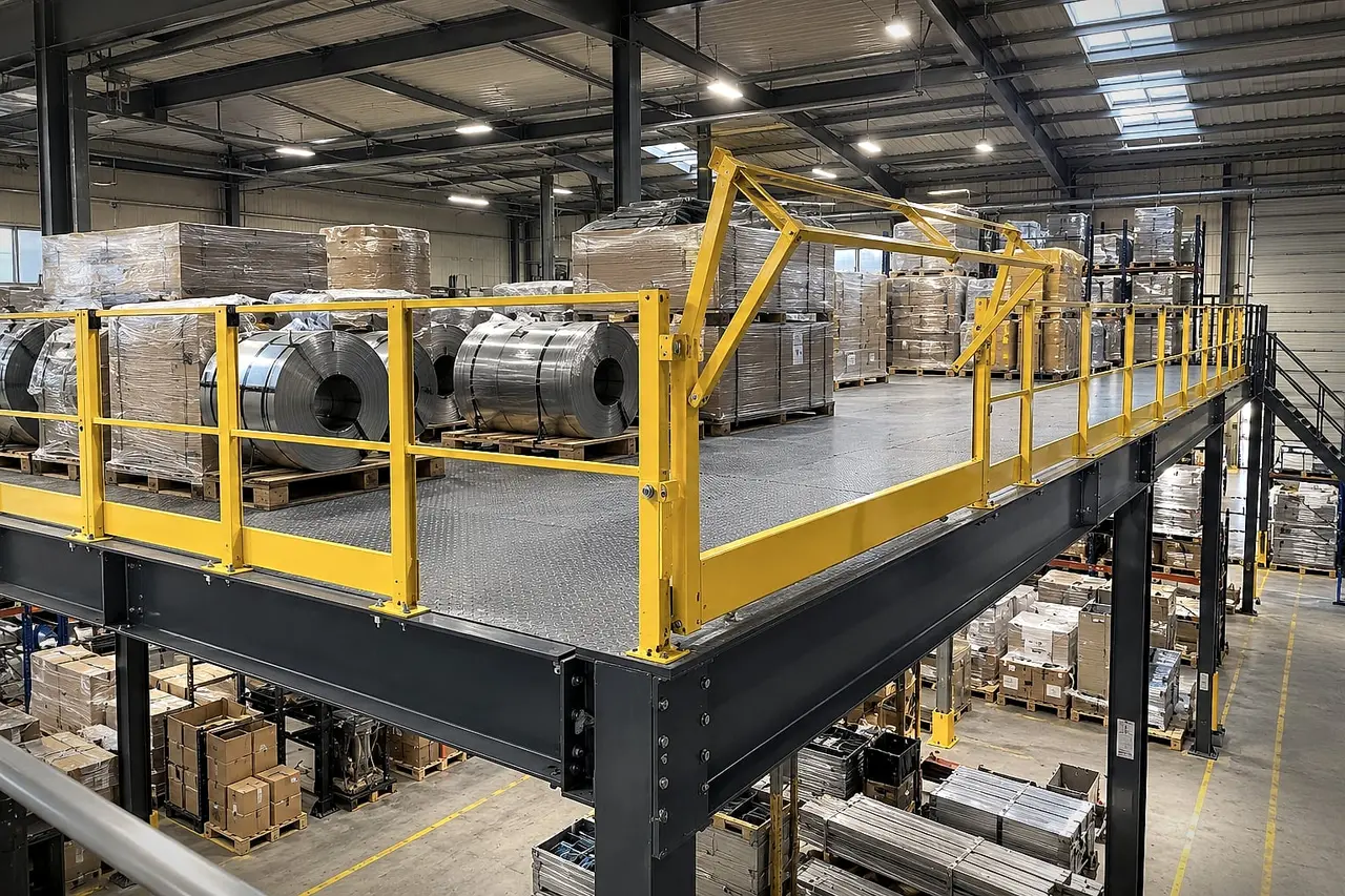 Chequer plate mezzanine carrying steel coils, with a yellow guardrail and loading gate