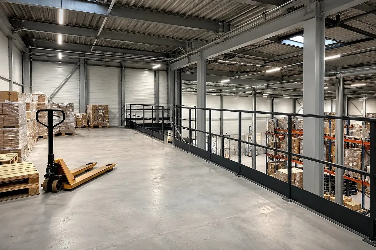 Finished mezzanine with a smooth concrete slab, a pallet truck and anthracite guardrails