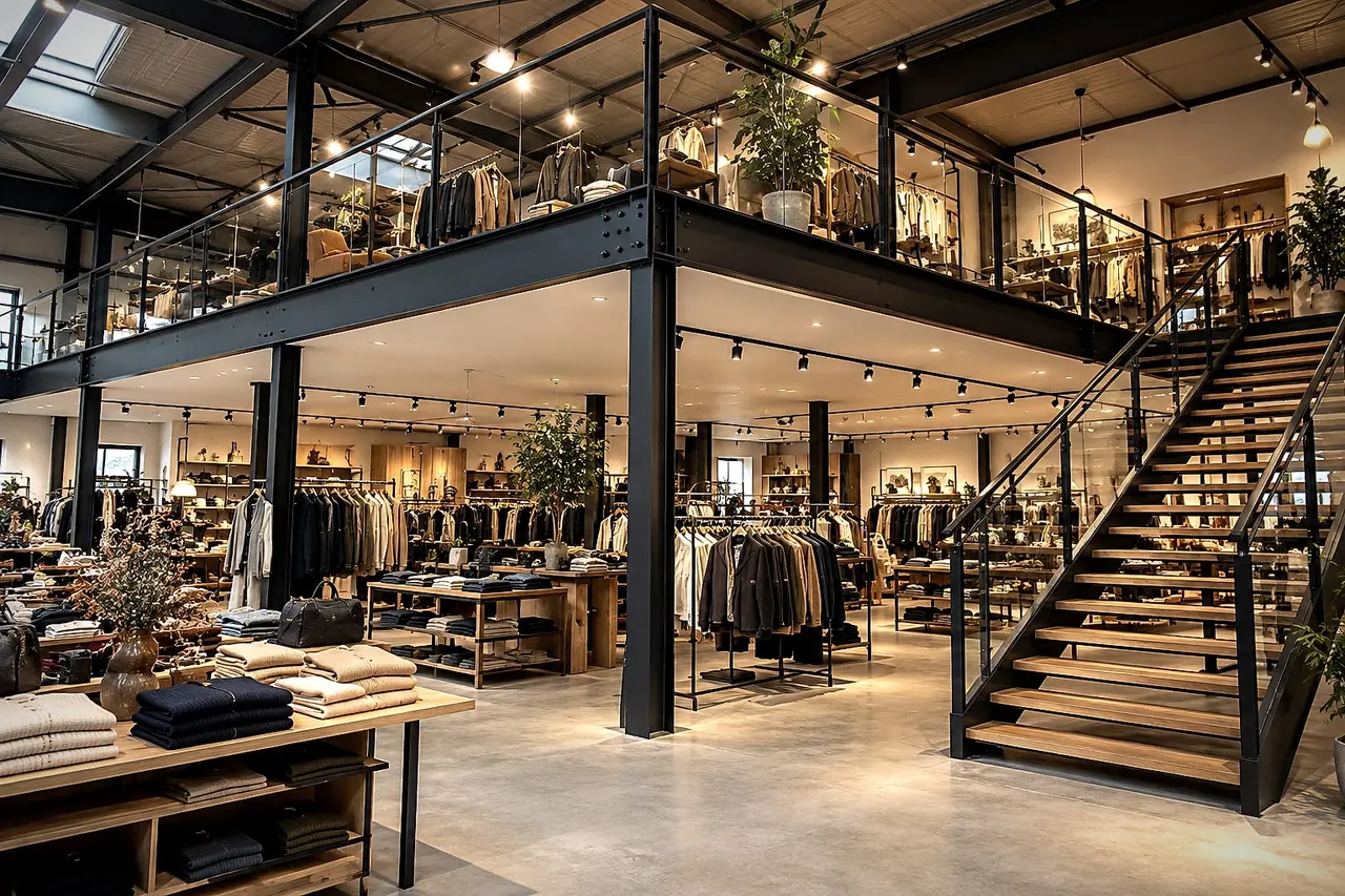 Black steel shop mezzanine with glass guardrails and a staircase with wooden treads