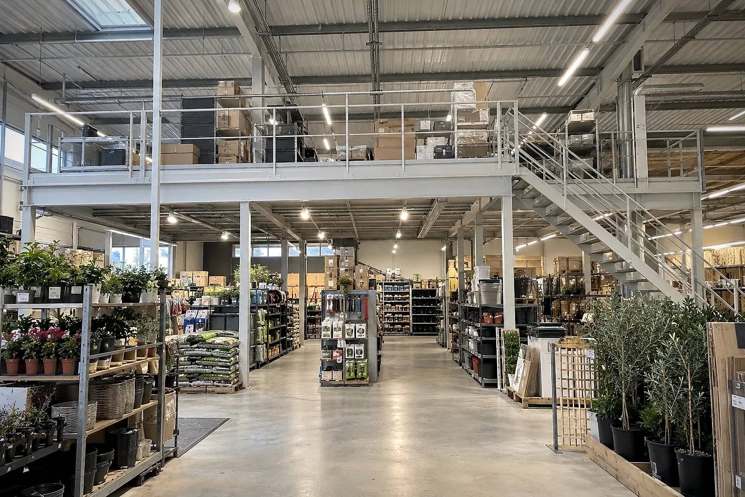 Stockroom mezzanine with stairs above the sales floor of a garden centre