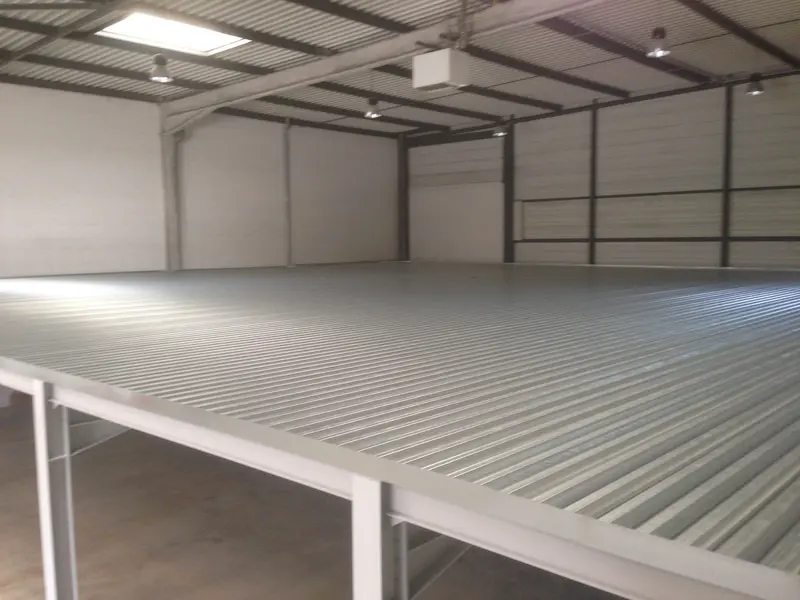 Steel decking of a mezzanine before the concrete slab is poured
