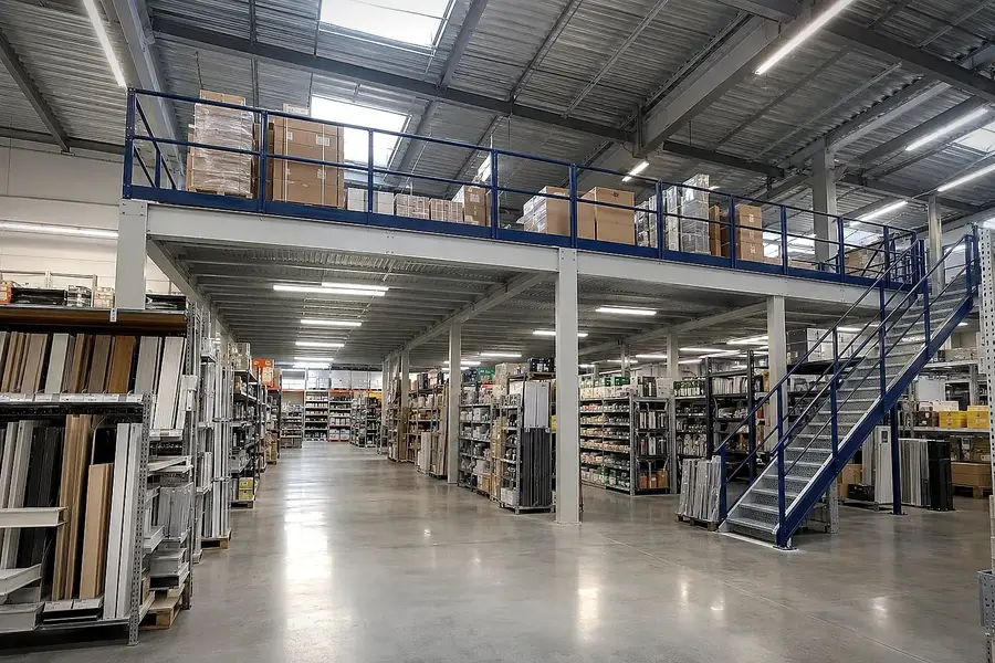 Mezzanine de réserve à garde-corps bleus au-dessus des rayons d’un magasin de bricolage