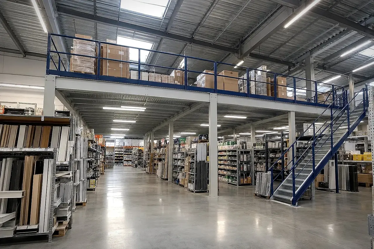 Stockroom mezzanine with blue guardrails above the aisles of a DIY store