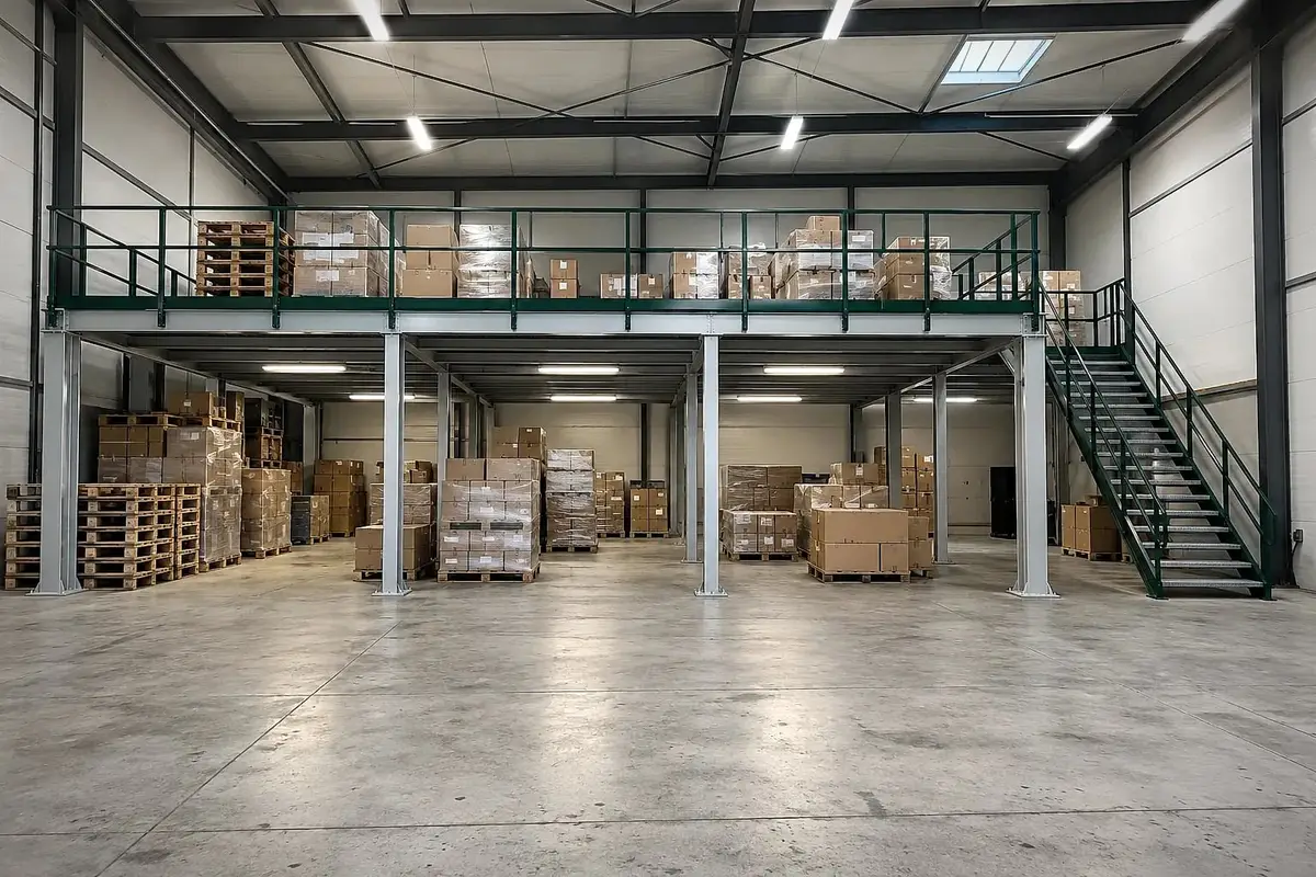 Industrial storage mezzanine on steel columns with stairs and green guardrails