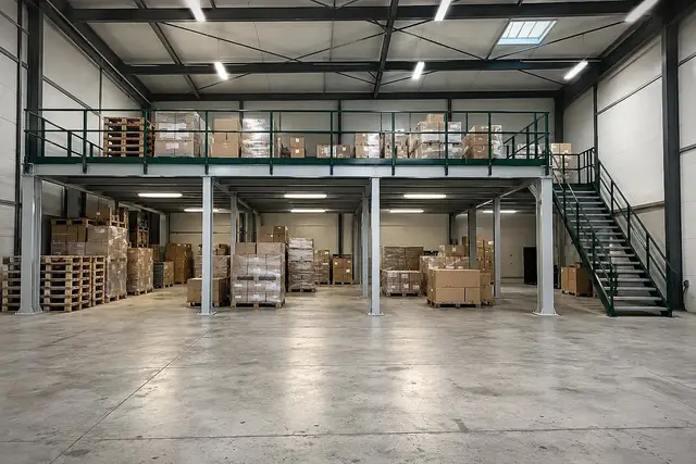 Industrial storage mezzanine on steel columns with stairs and green guardrails