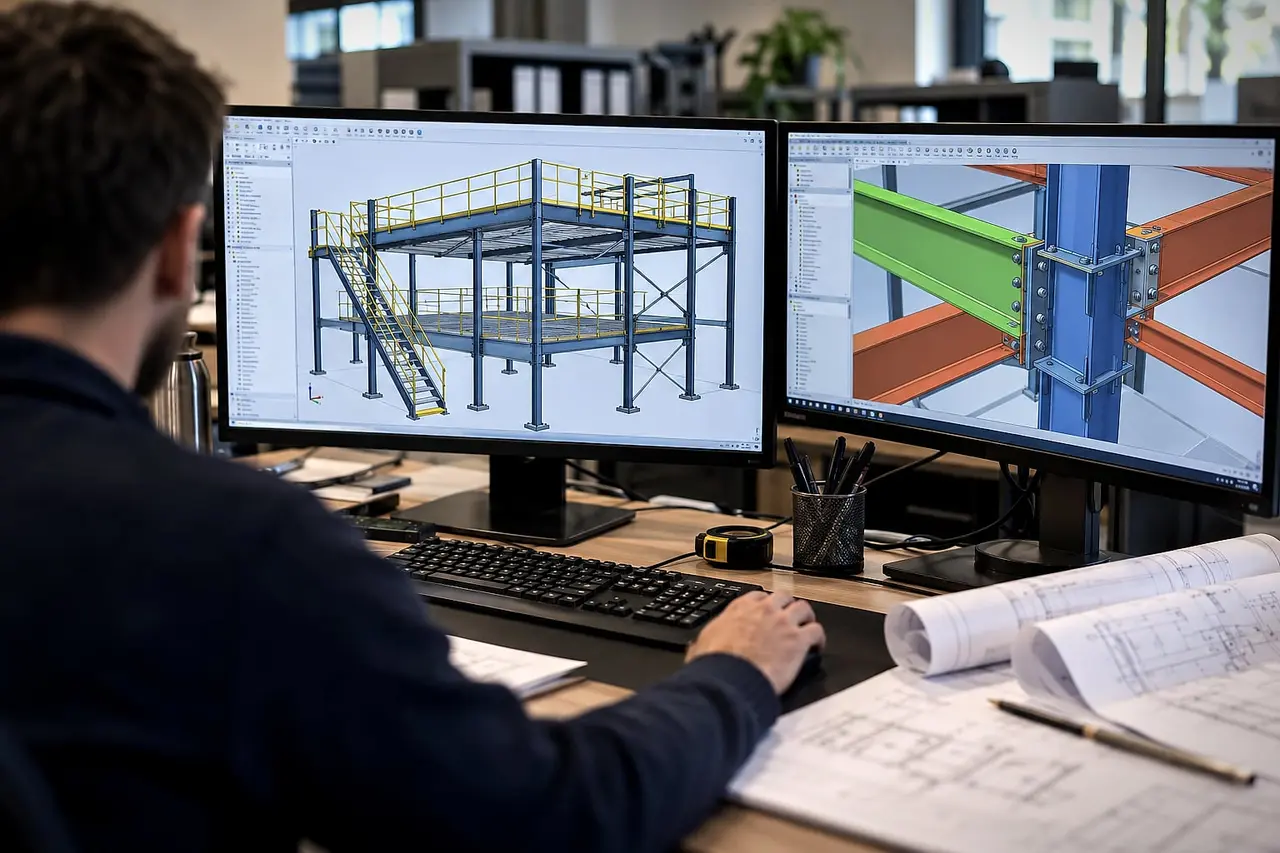 Engineer modelling a steel mezzanine and its bolted connections in 3D