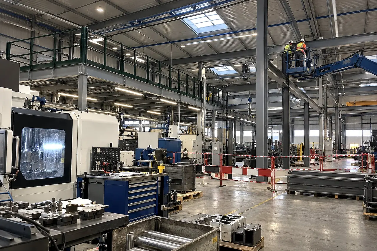 Mezzanine being installed in a workshop that remains in production, with a marked-off work area