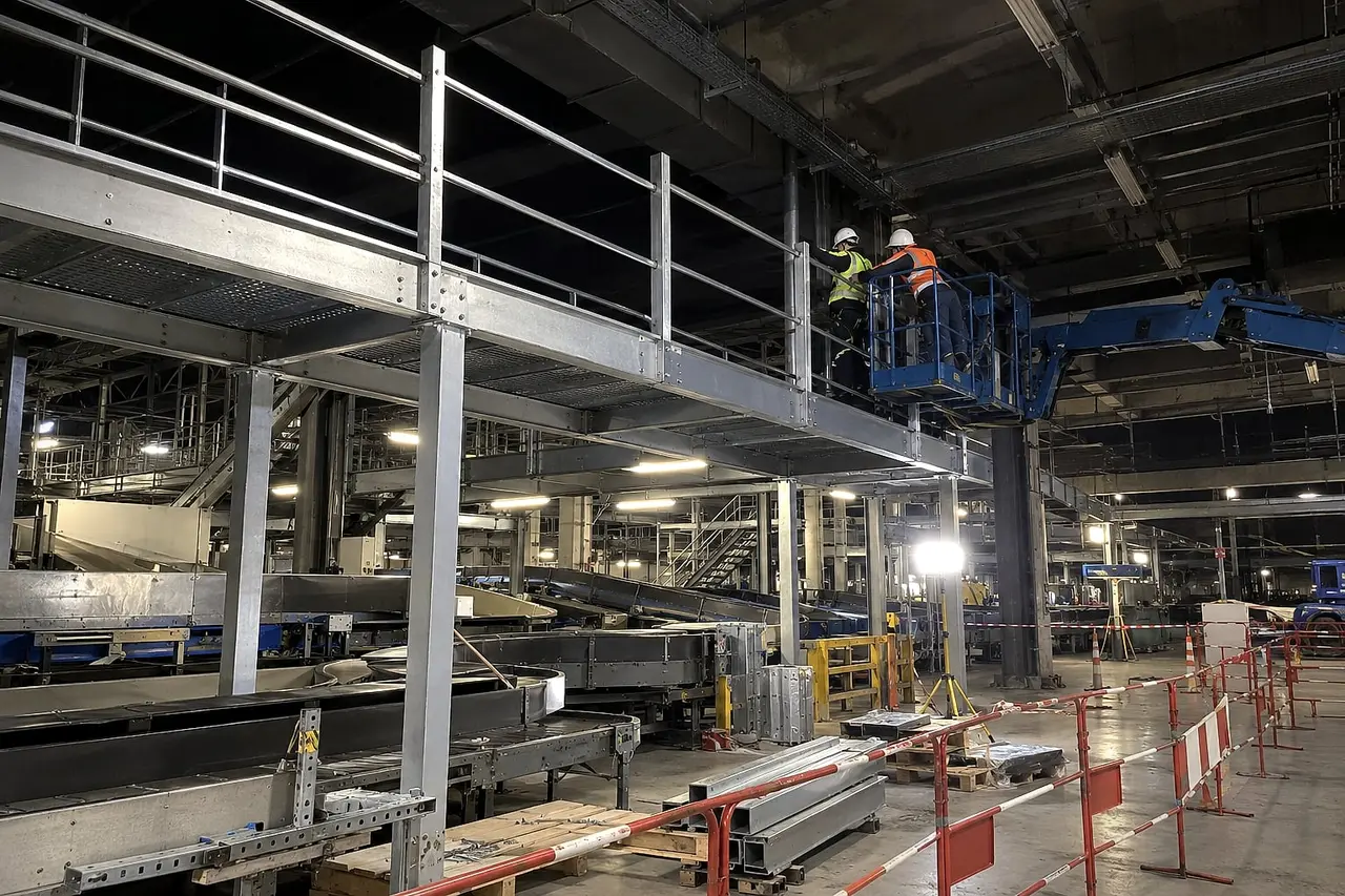 Night-time installation of a galvanised walkway above baggage conveyors, in a marked-off area