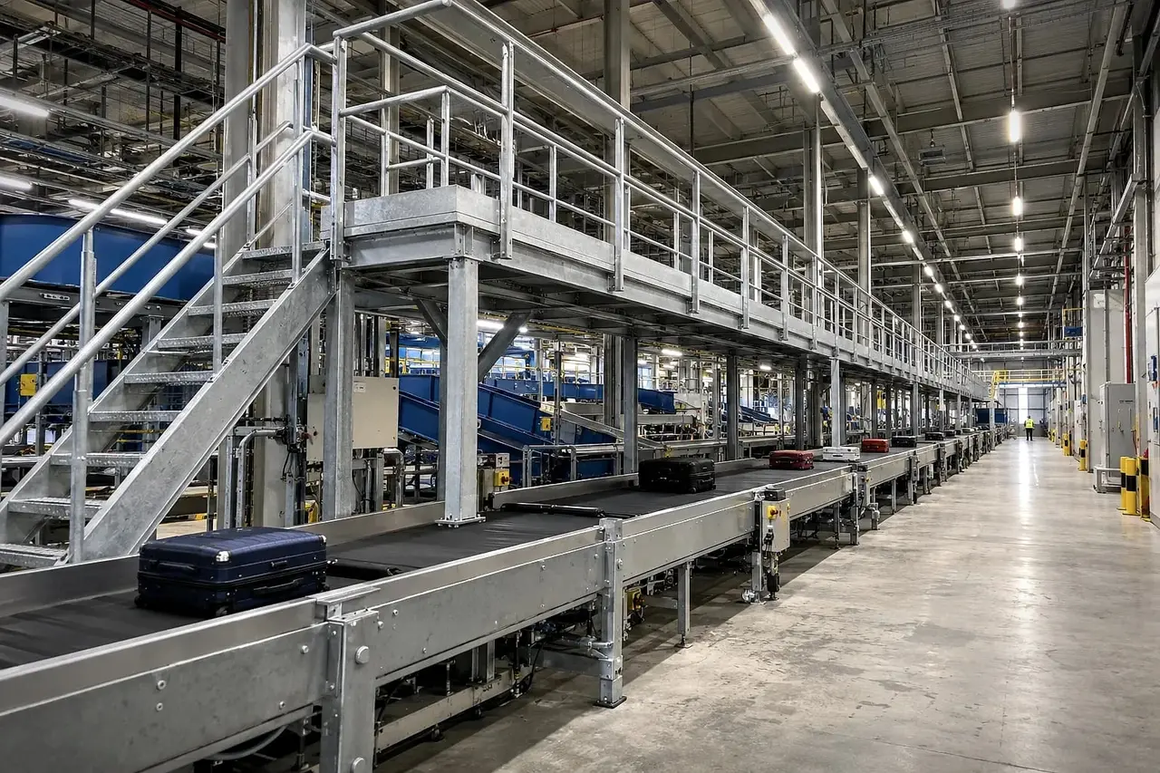 Galvanised steel maintenance walkway along the baggage conveyors of an airport