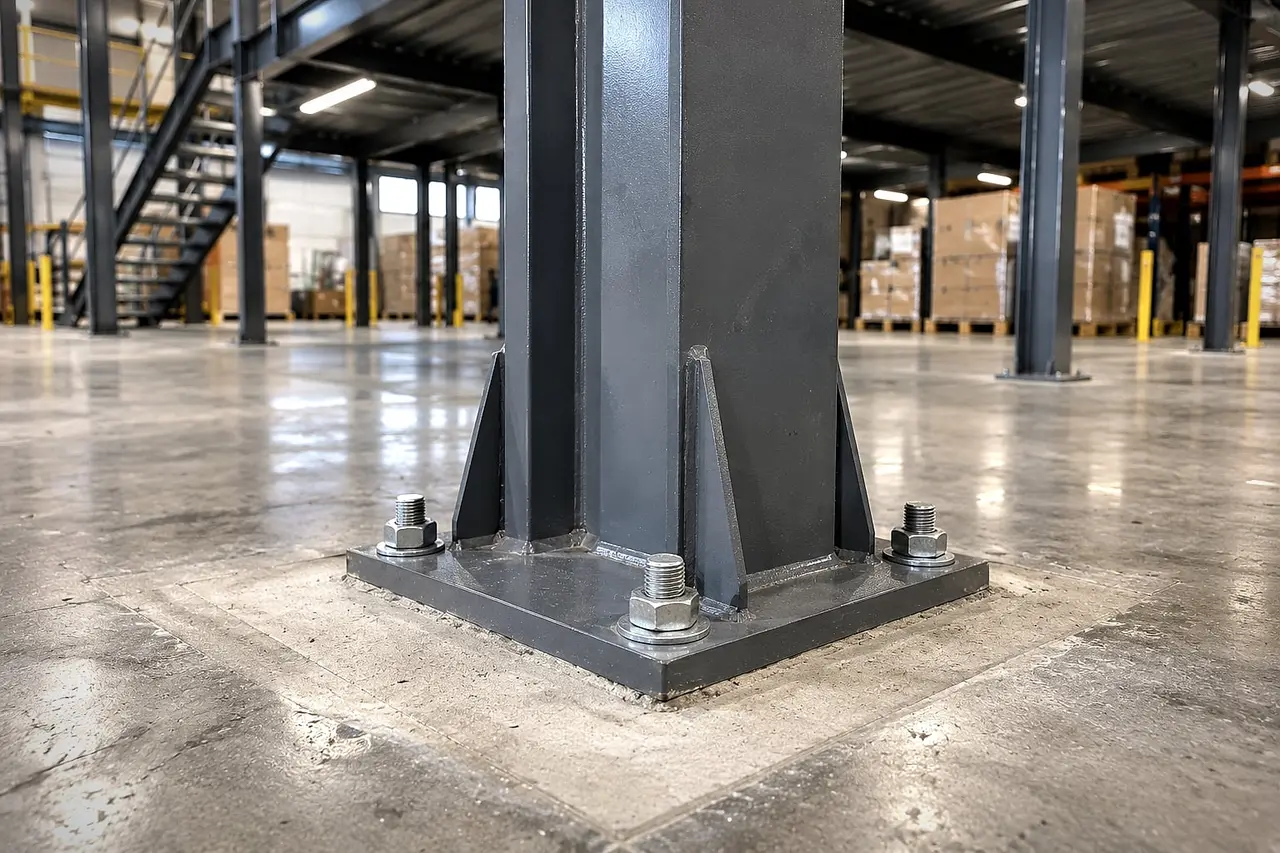 Mezzanine column base: stiffened base plate fixed to the concrete floor with anchor bolts