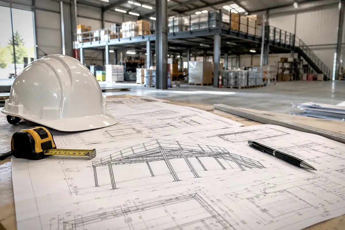 Plans techniques d’une mezzanine, casque de chantier et mètre ruban sur une table