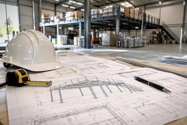 Technical drawings of a mezzanine, a hard hat and a tape measure on a table