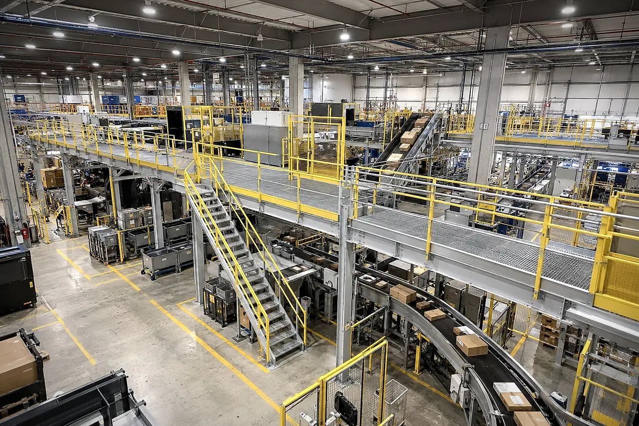 Platforms and walkways with yellow guardrails integrated into the conveyors of a sorting centre
