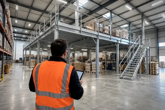 Responsable de site avec une tablette devant une mezzanine de stockage dans un entrepôt