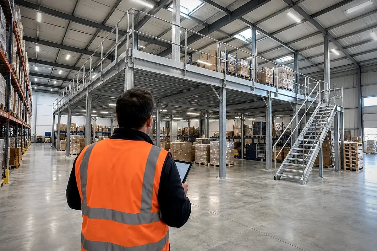 Responsable de site avec une tablette devant une mezzanine de stockage dans un entrepôt