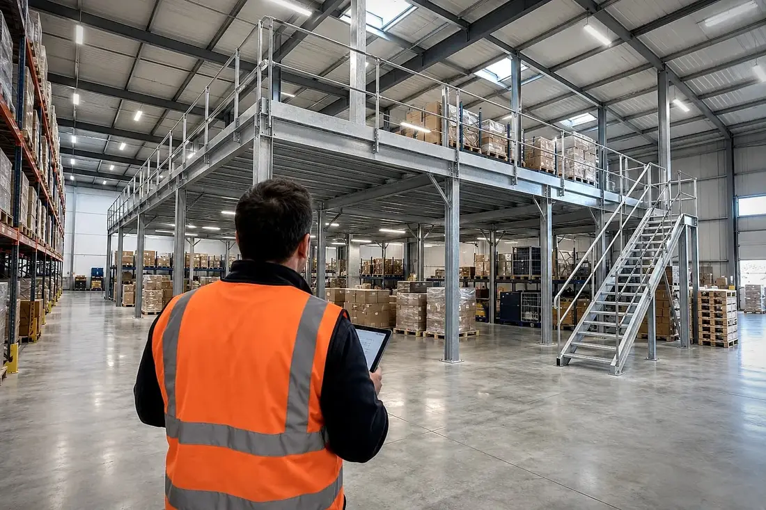 Site manager with a tablet in front of a storage mezzanine in a warehouse