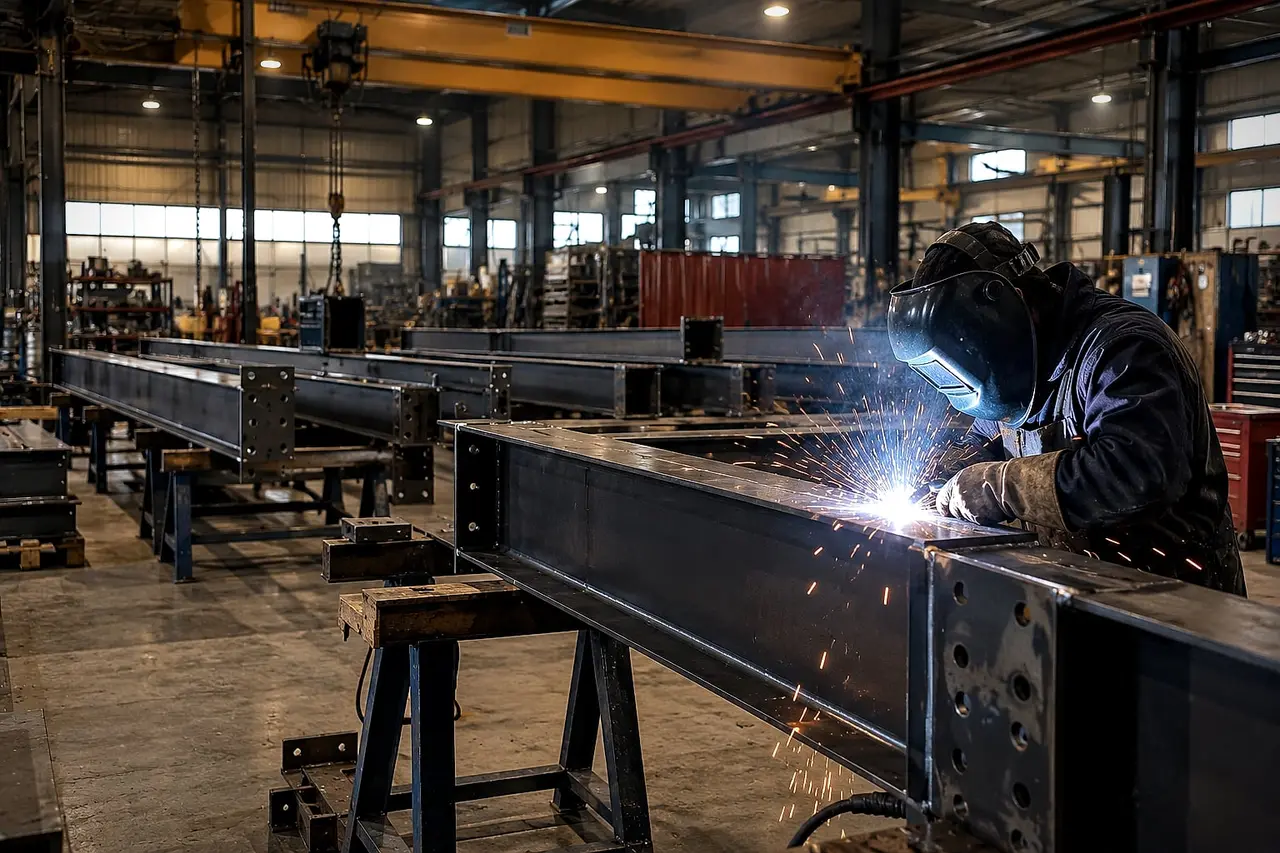 Welder laying a weld bead on a steel beam in the workshop