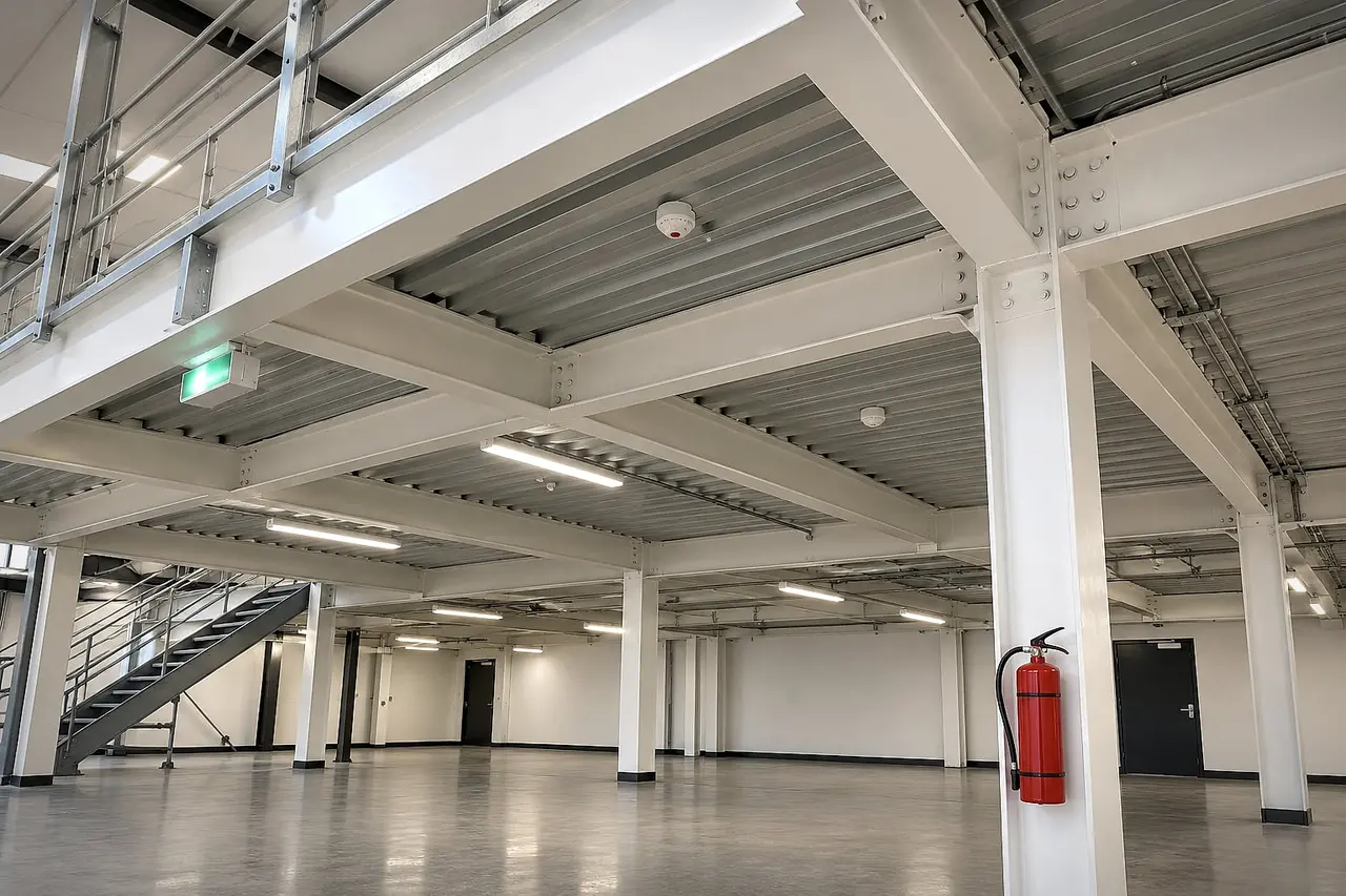 Underside of a mezzanine with smoke detectors, a fire extinguisher and emergency lighting