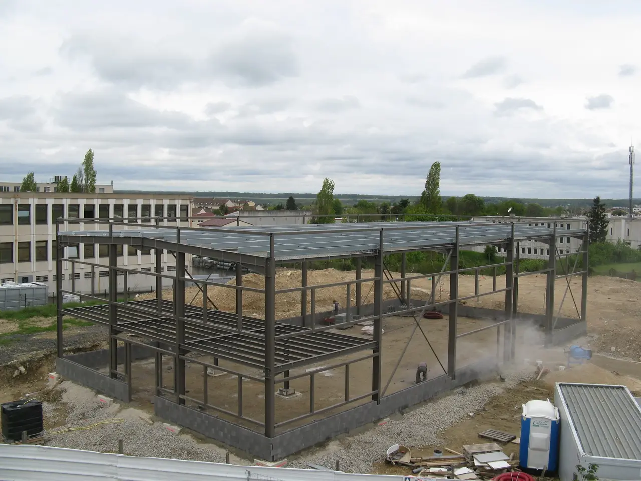 Two-level steel structure on a construction site
